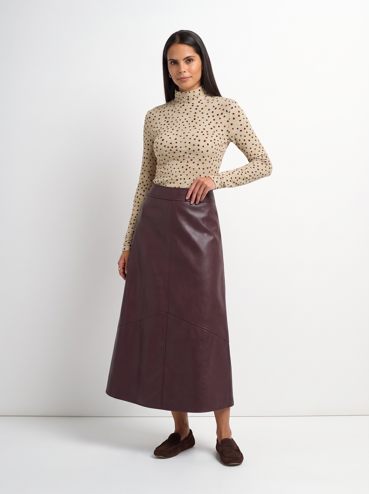 Textured Faux Leather Seam Skirt - Burgundy