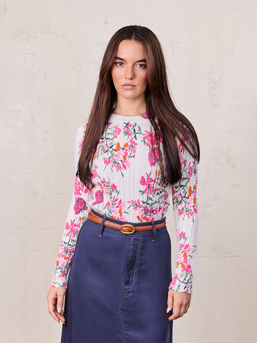 Printed Cable Sweater-Pink Floral