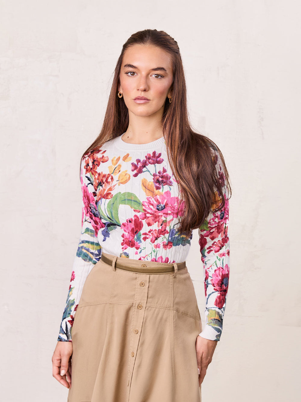 Printed Cable Sweater-Scattered Flowers