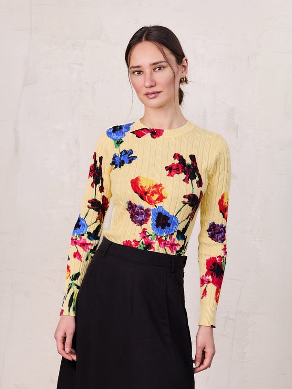 Printed Cable Sweater-Vibrant Floral