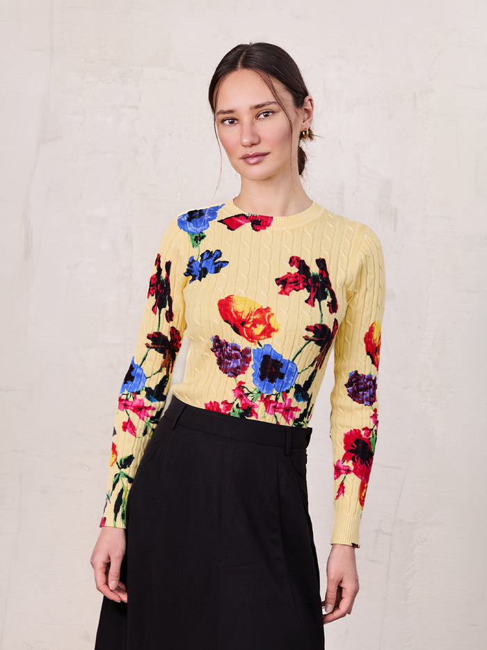 Printed Cable Sweater-Vibrant Floral