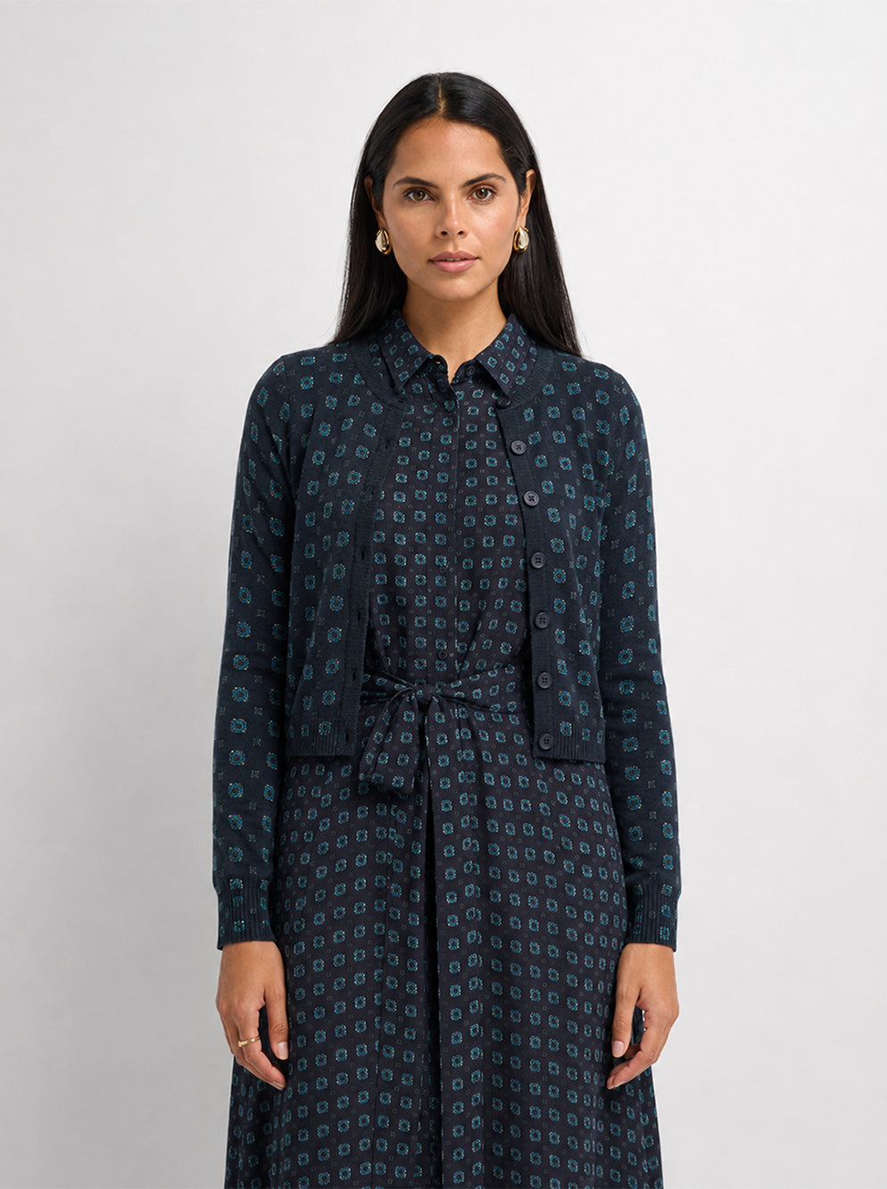 Printed Cardigan - Navy Geometric