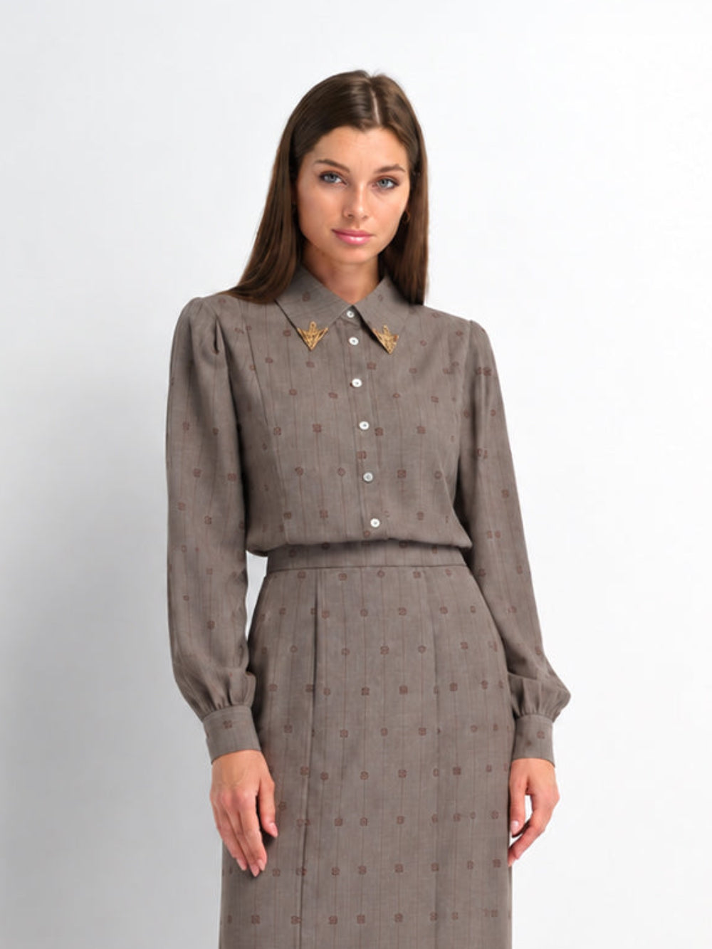 Printed Collar Detail Blouse - Grey