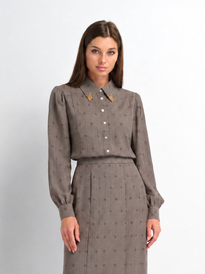 Printed Collar Detail Blouse - Grey