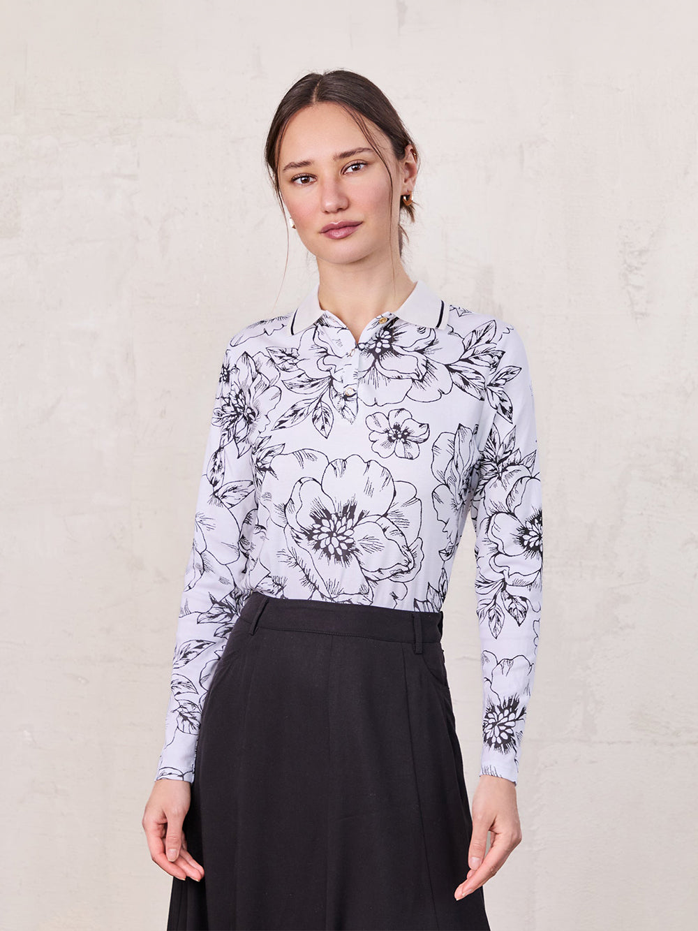 Printed Collar Snap Tee-Sketch Floral