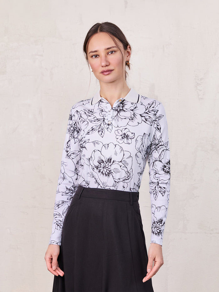 Printed Collar Snap Tee-Sketch Floral