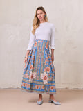 Printed Cotton Pleat Skirt-Light Blue/Peach