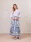 Printed Cotton Pleat Skirt-Navy/White