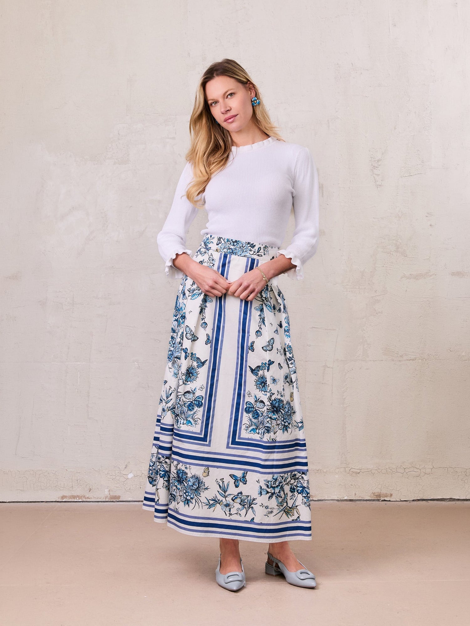 Printed Cotton Pleat Skirt-Navy/White