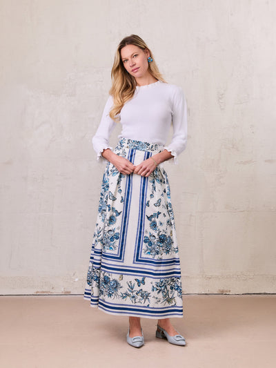 Printed Cotton Pleat Skirt-Navy/White