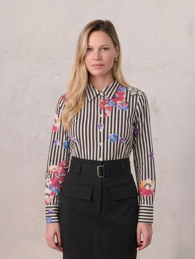 Printed Crinkle Button Down Blouse-Floral Stripe