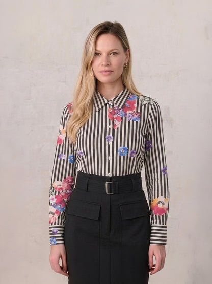 Printed Crinkle Button Down Blouse-Floral Stripe