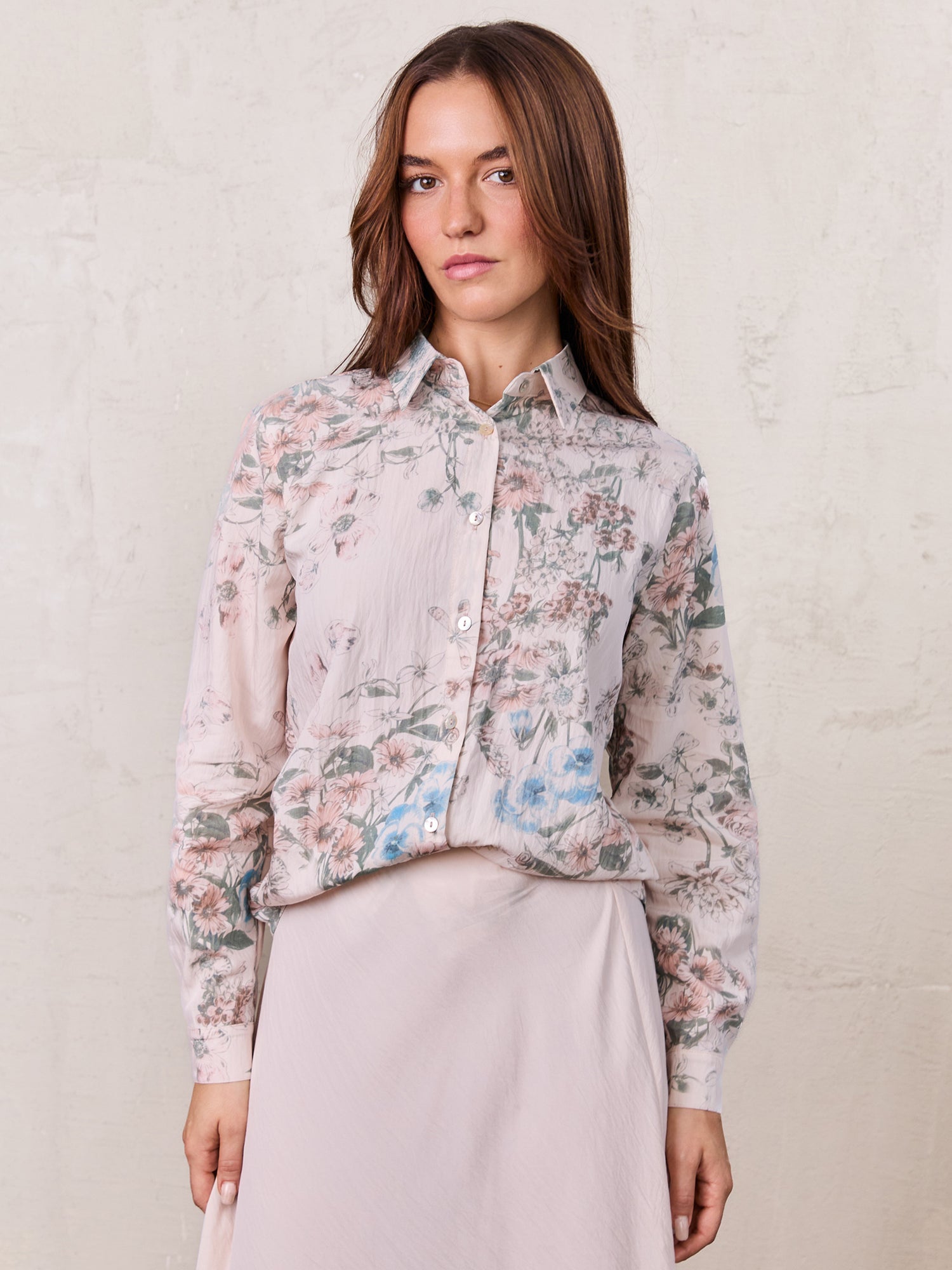 Printed Crinkle Button Down Blouse-Flower Design