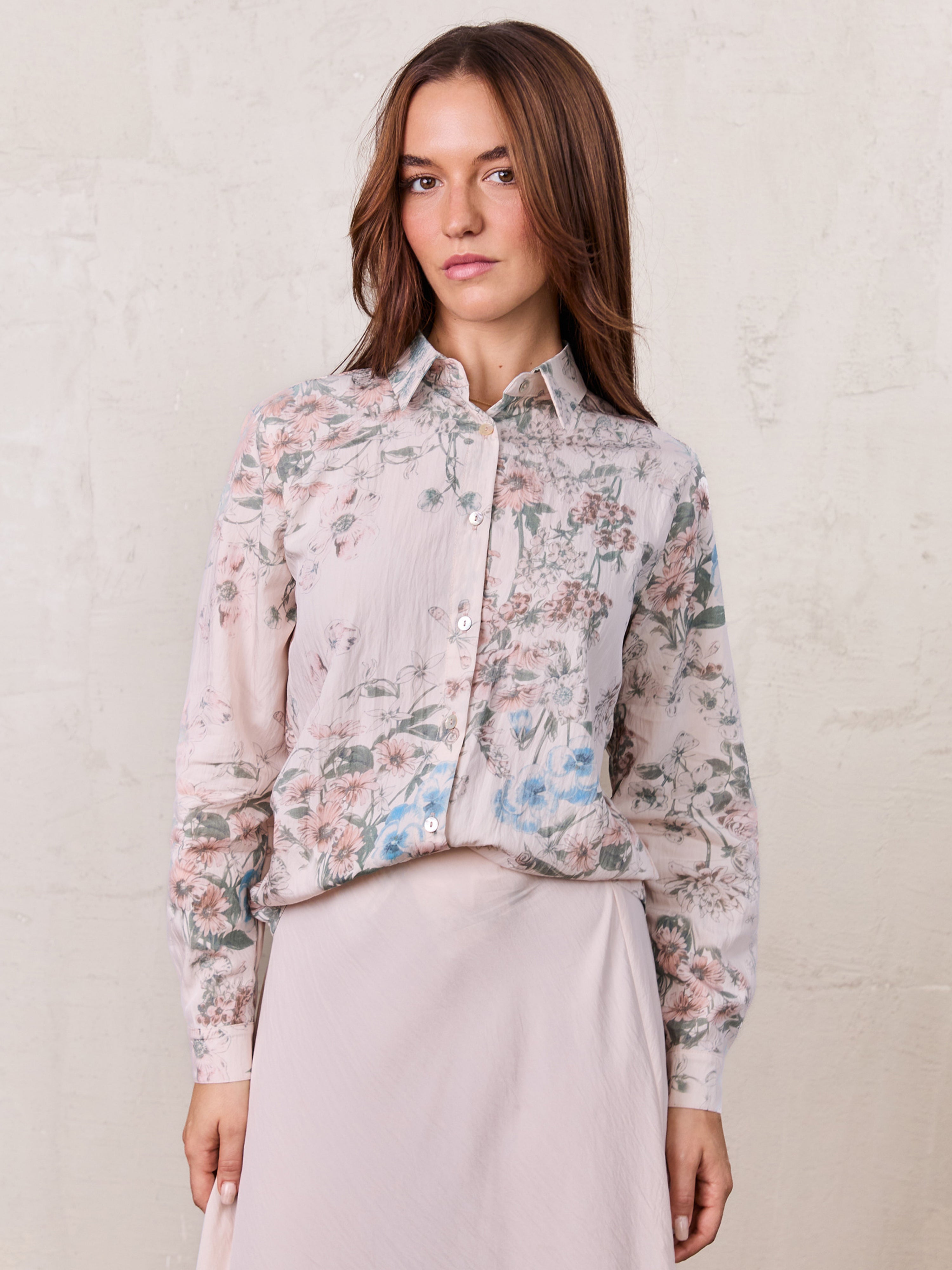 Printed Crinkle Button Down Blouse-Flower Design