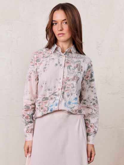 Printed Crinkle Button Down Blouse-Flower Design