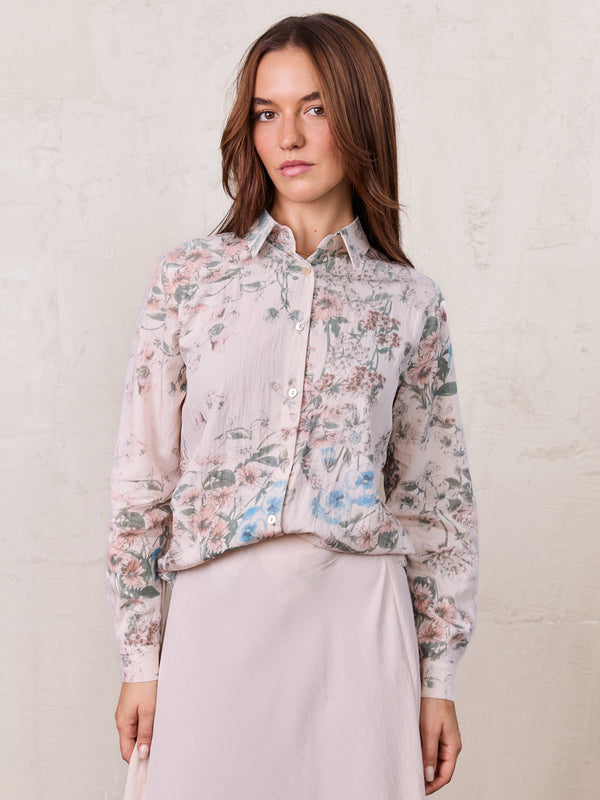 Printed Crinkle Button Down Blouse-Flower Design