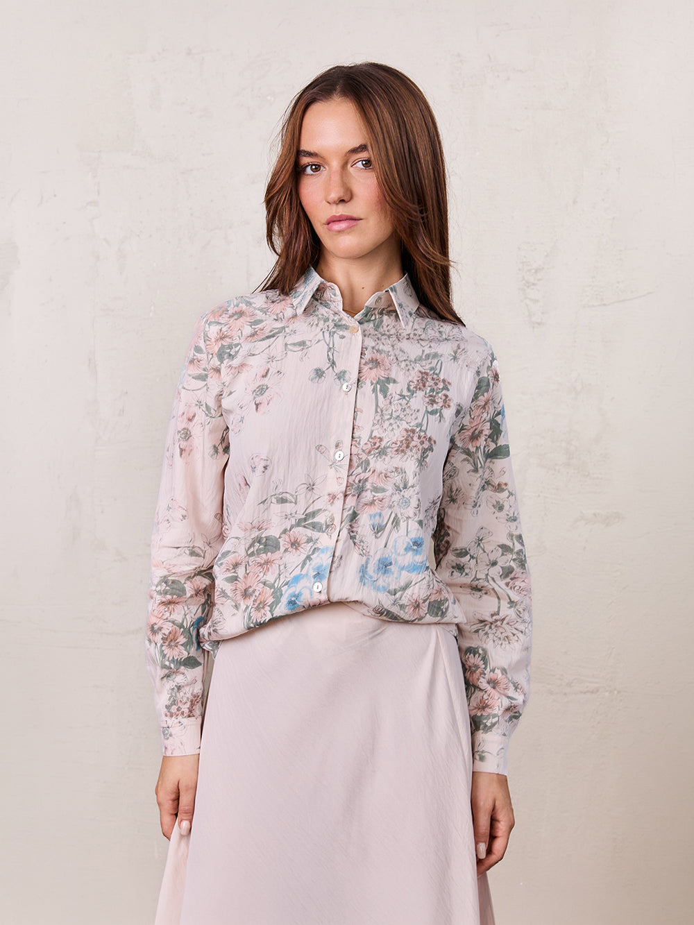 Printed Crinkle Button Down Blouse-Flower Design