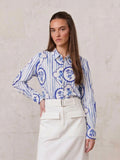 Printed Crinkle Button Down Blouse-Fresh Blue