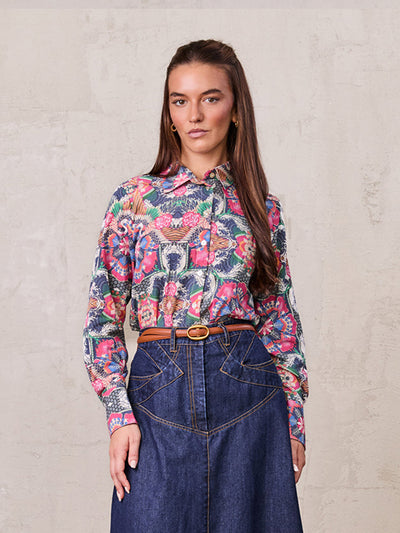 Printed Crinkle Button Down Blouse-Mosaic