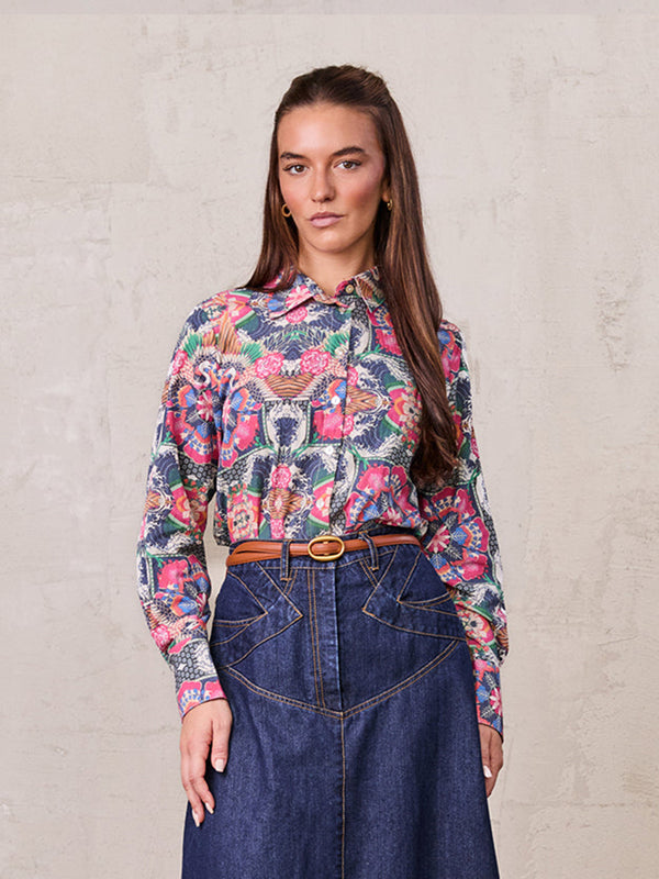 Printed Crinkle Button Down Blouse-Mosaic