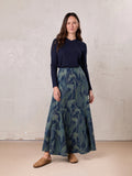 Printed Denim Trumpet Style Skirt-Blue Leaves