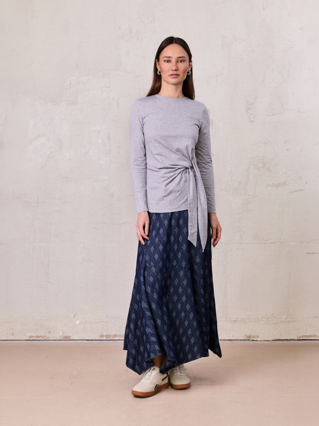 Printed Denim Trumpet Style Skirt-Diamond Weave