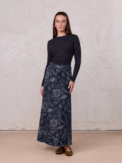 Printed Fringe Denim Skirt-Paisley Print