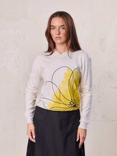 Printed High V Lightweight Sweater-Flower Burst