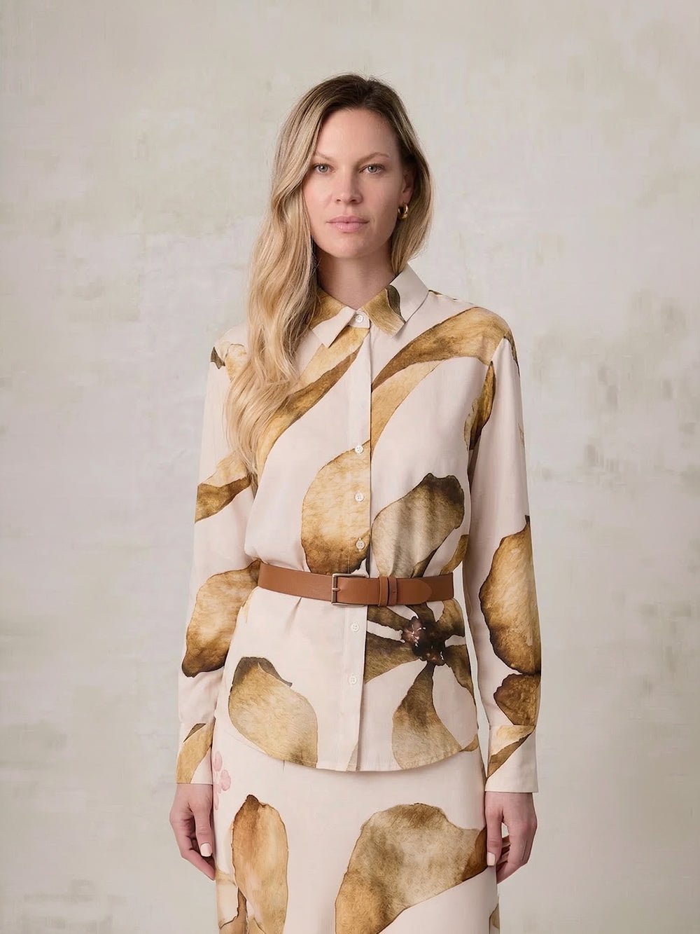 Printed Linen Blend Blouse-Brown Floral