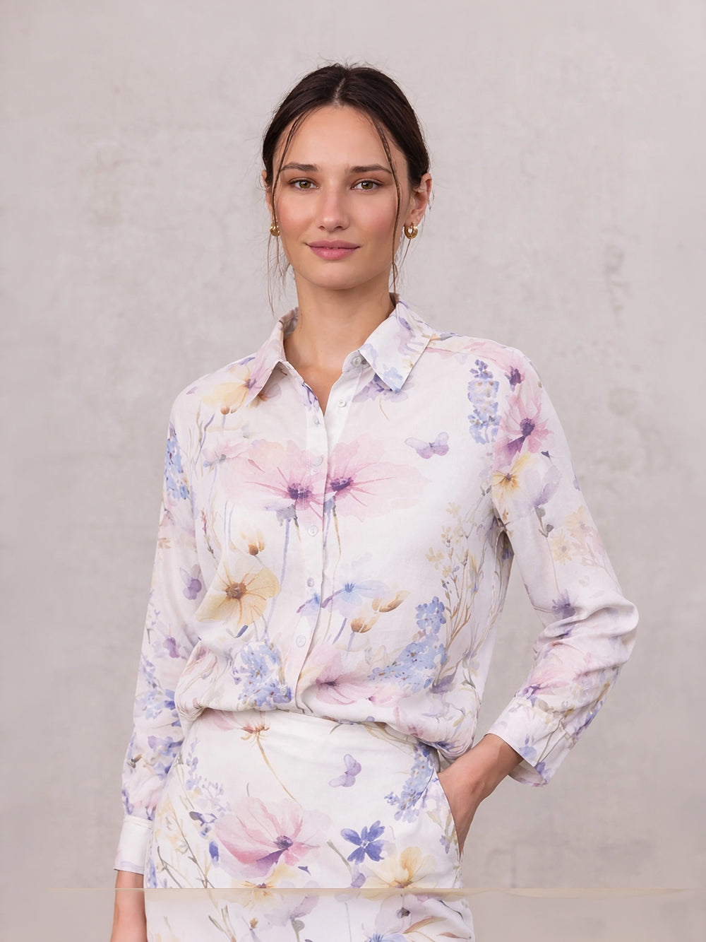 Printed Linen Blend Blouse-Scattered Flowers