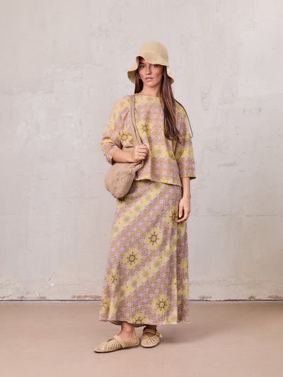 Printed Linen Blend Slip Skirt-Geometric