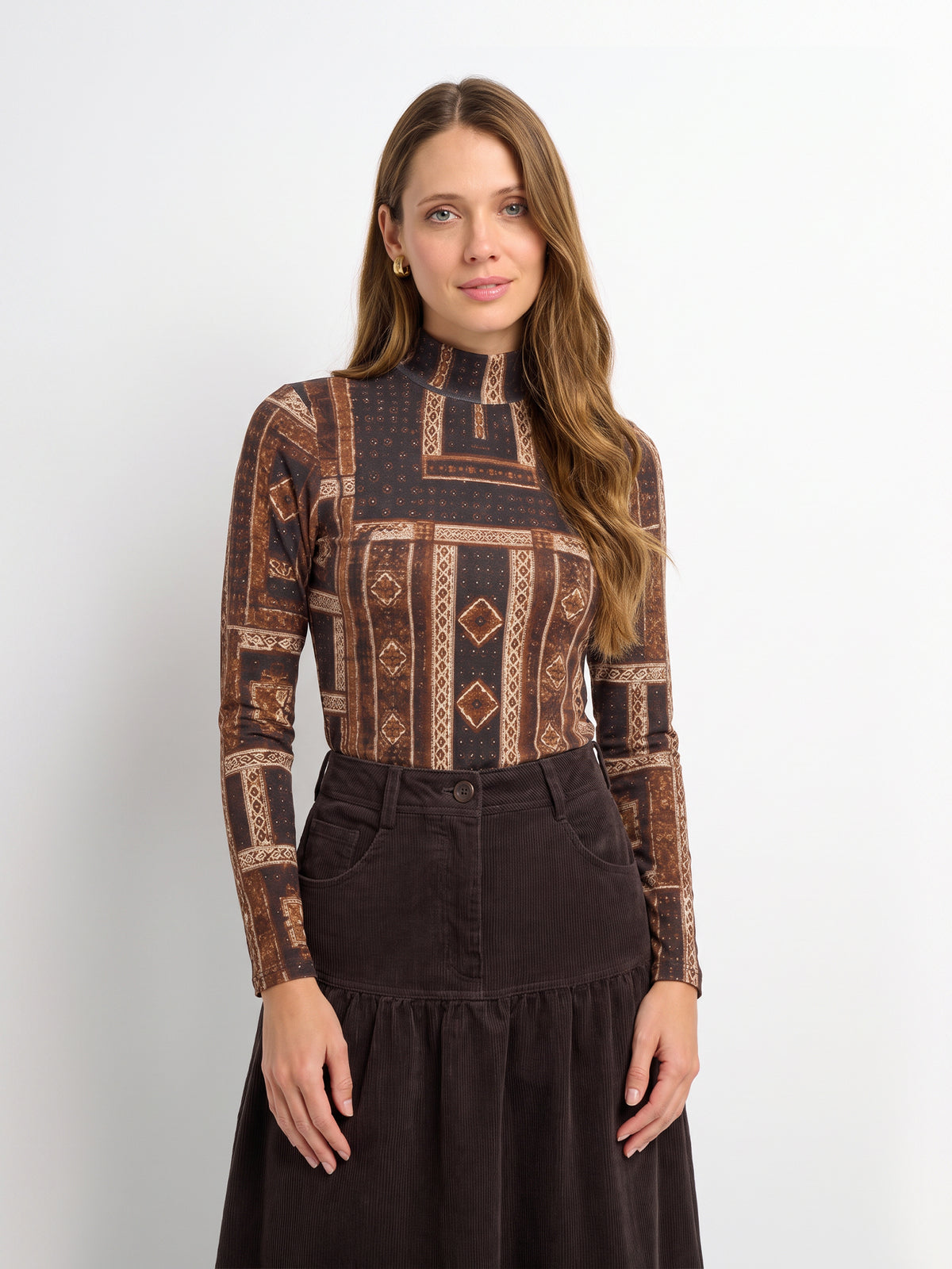 Printed Modal Turtleneck - Brown Mosaic