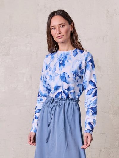 Printed Sweater-Blue Leaves