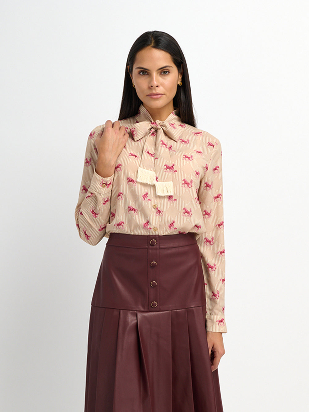 Printed Tassel Bow Blouse - Burgundy Pony