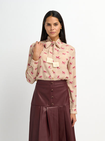 Printed Tassel Bow Blouse - Burgundy Pony