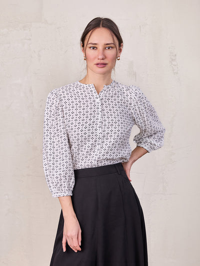 Puff Sleeve Button Down Blouse-Black/White Polka Dot