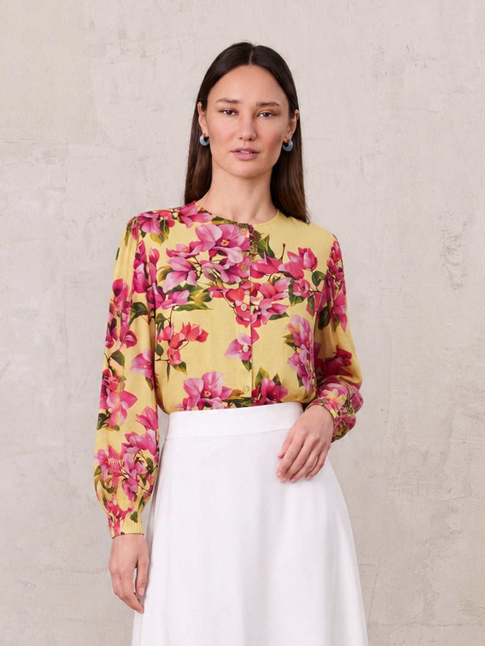 Puff Sleeve Button Down Blouse-Bold Flowers