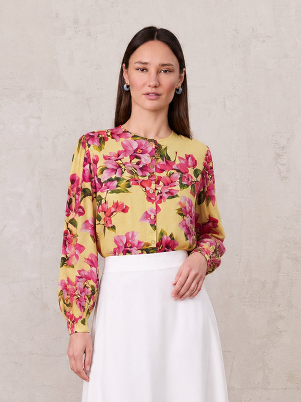 Puff Sleeve Button Down Blouse-Bold Flowers