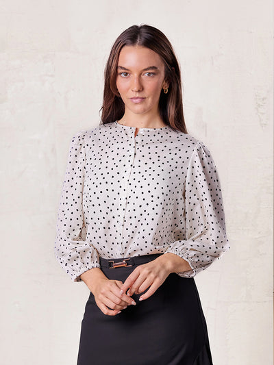 Puff Sleeve Button Down Blouse-Faux Satin Polka Dots