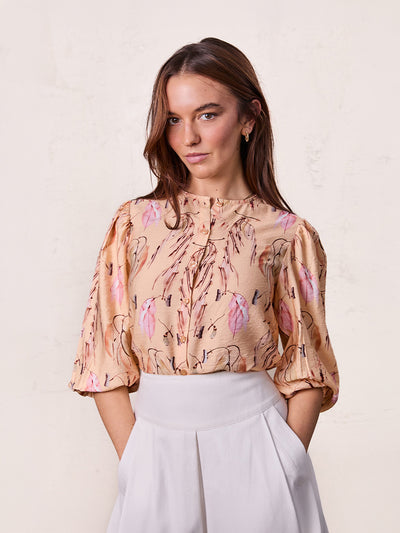 Puff Sleeve Button Down Blouse-Peach Feathers