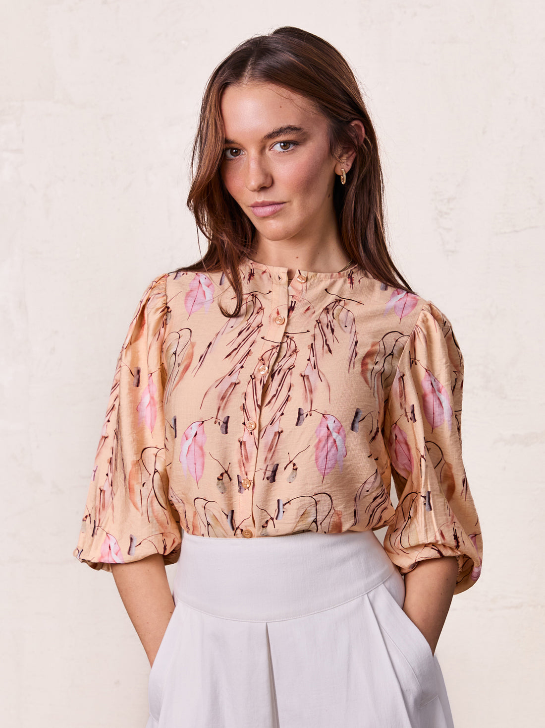 Puff Sleeve Button Down Blouse-Peach Feathers