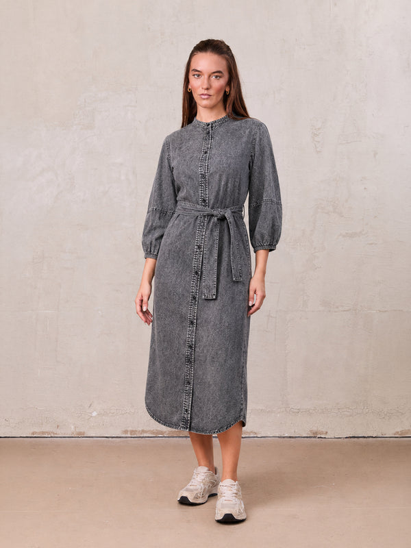 Puff Sleeve Denim Shirtdress-Black Wash