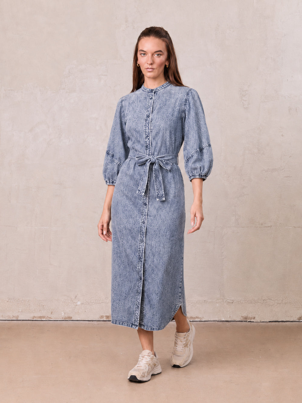 Puff Sleeve Denim Shirtdress-Blue Wash