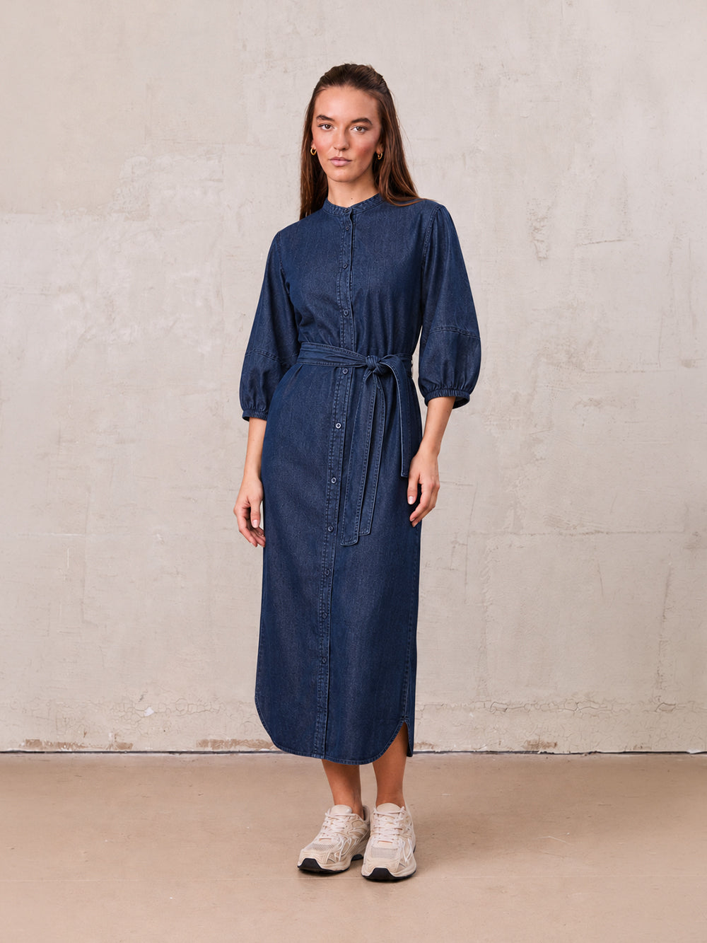 Puff Sleeve Denim Shirtdress-Dark Blue Wash