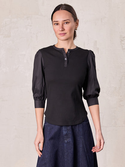 Puff Sleeve Ribbed T-Shirt-Black