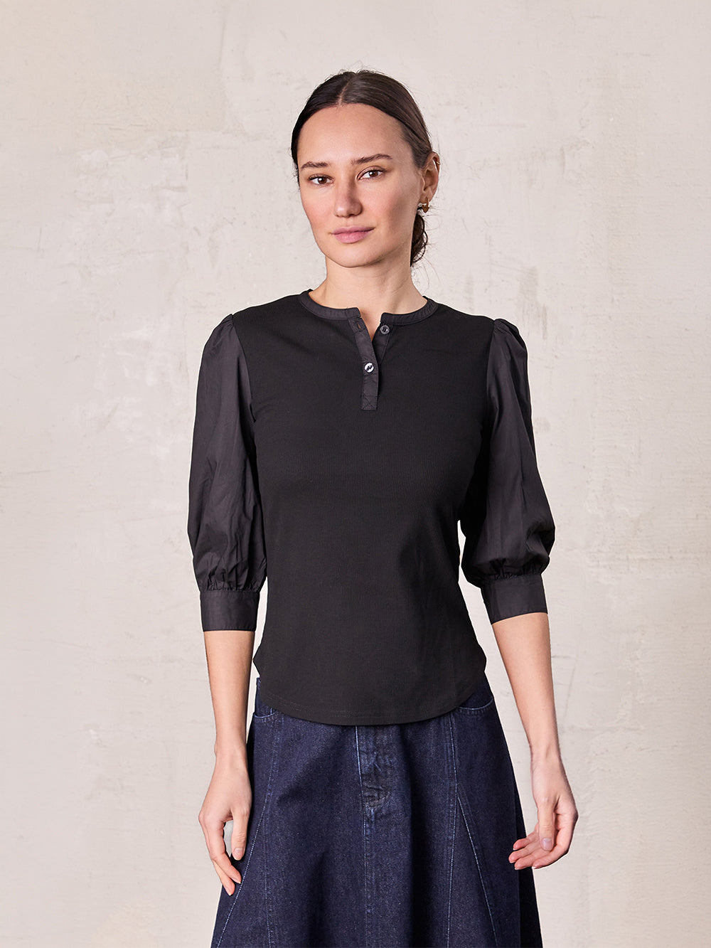 Puff Sleeve Ribbed T-Shirt-Black