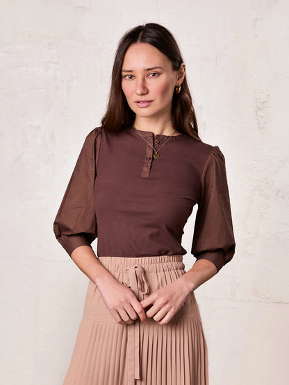 Puff Sleeve Ribbed T-Shirt-Brown