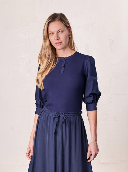 Puff Sleeve Ribbed T-Shirt-Navy