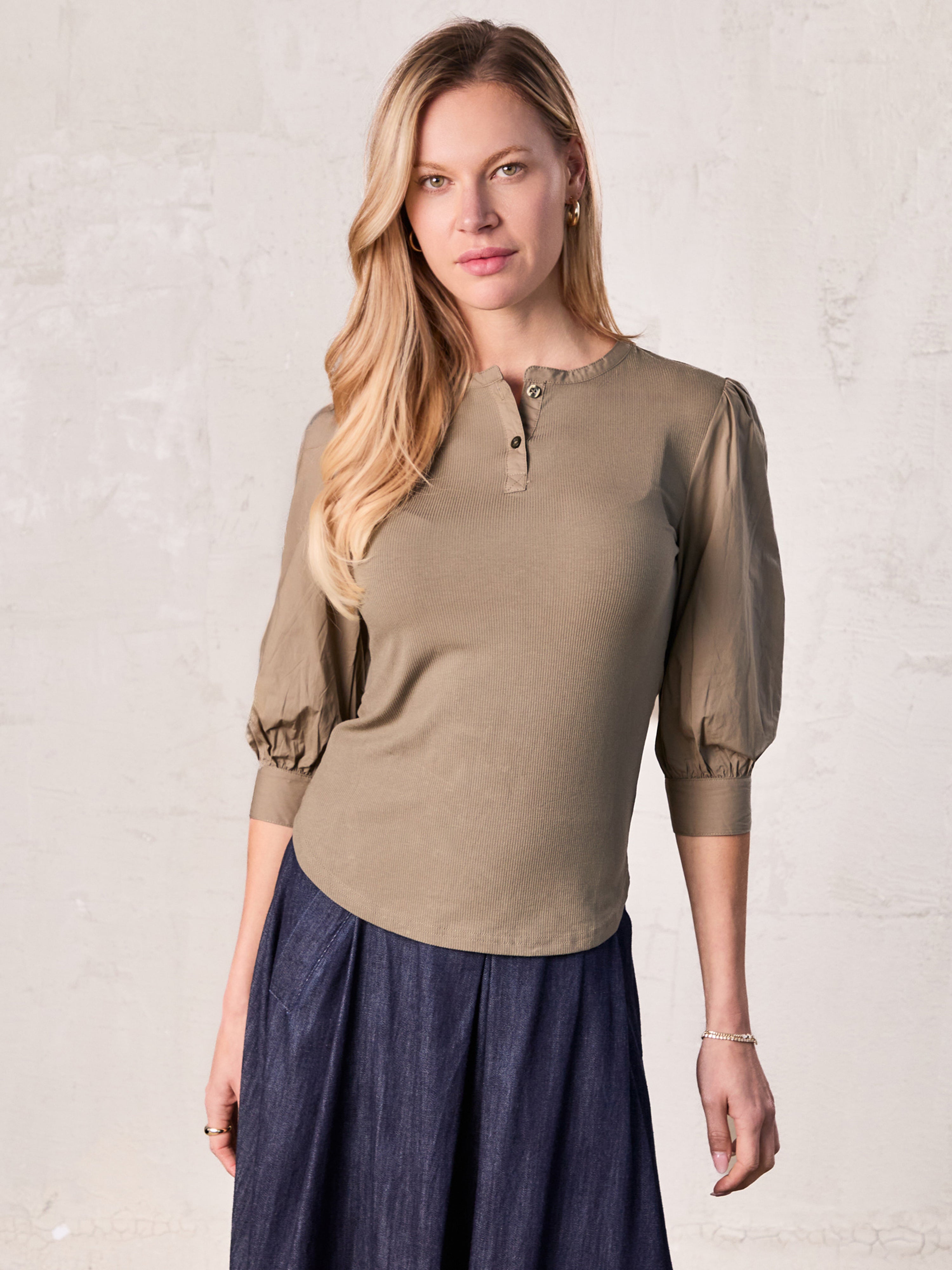 Puff Sleeve Ribbed T-Shirt-Olive