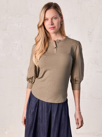 Puff Sleeve Ribbed T-Shirt-Olive